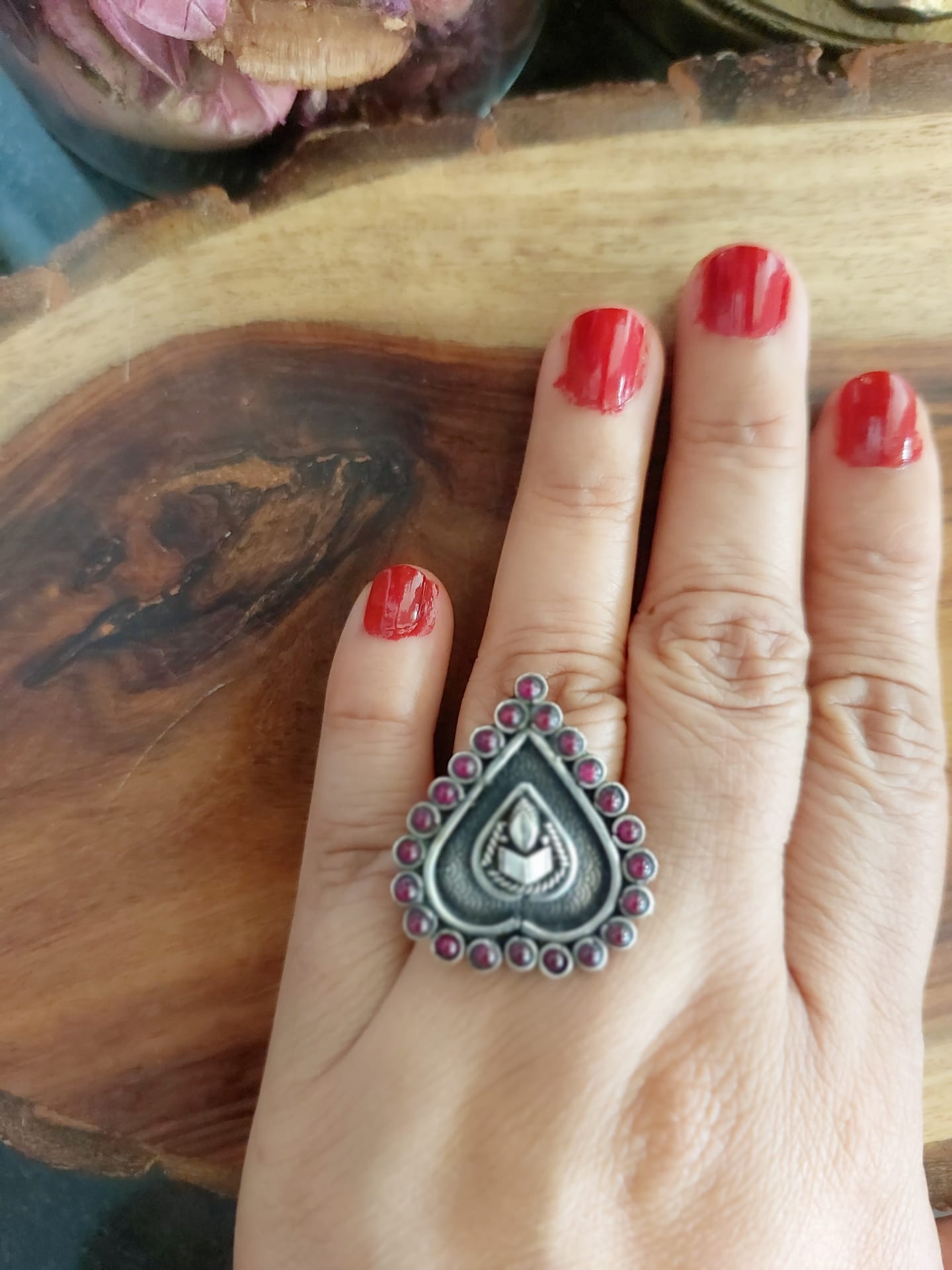 Banjaran..Sterling Silver Ruby Studded Leaf shape Finger Ring Adjustable