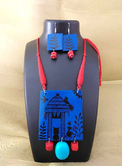 925 Sterling Silver Jewellery Silver Jewellery Blue Warli Painting Necklace Set