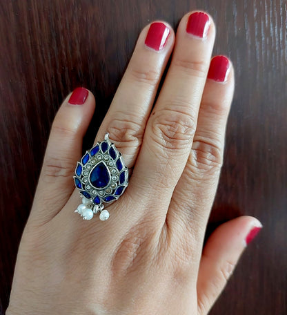 Sterling Silver Jewellery..Sterling Silver Finger Ring Silver  Blue Kundan Pearl Finger Ring...Kundan