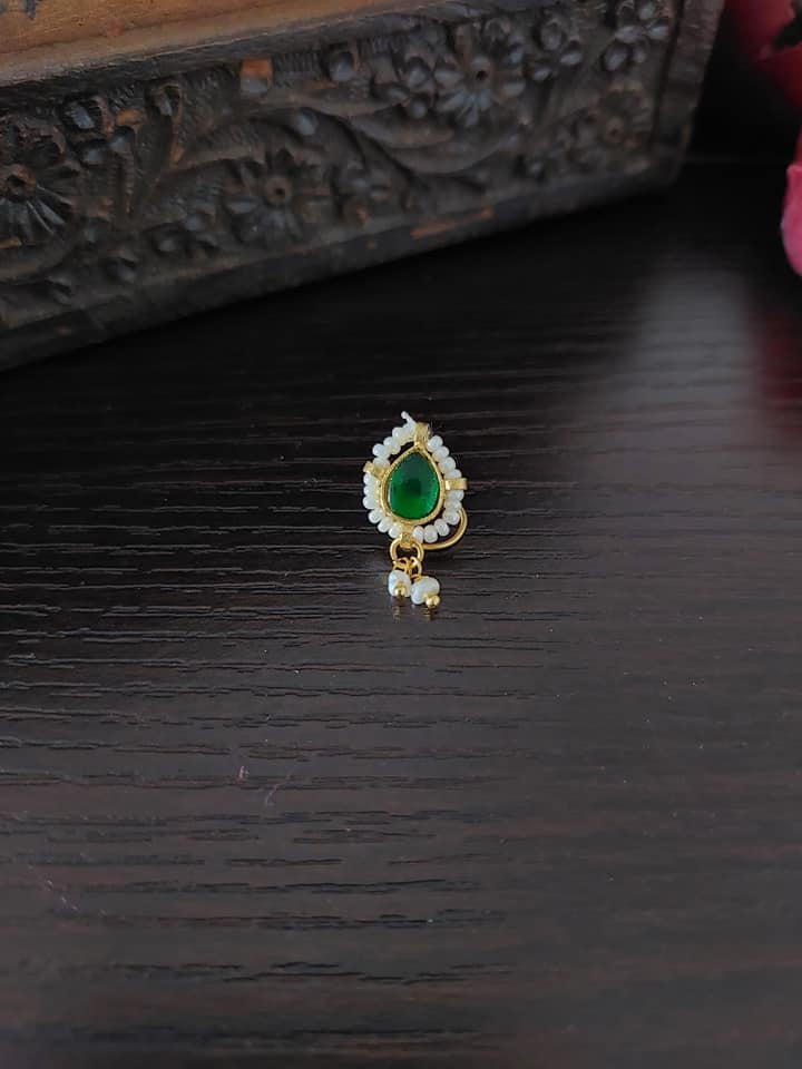 Sterling Silver Jewellery..Sterling Silver Pearl Zircon Green Stone Goldplated Nosepin...Nath