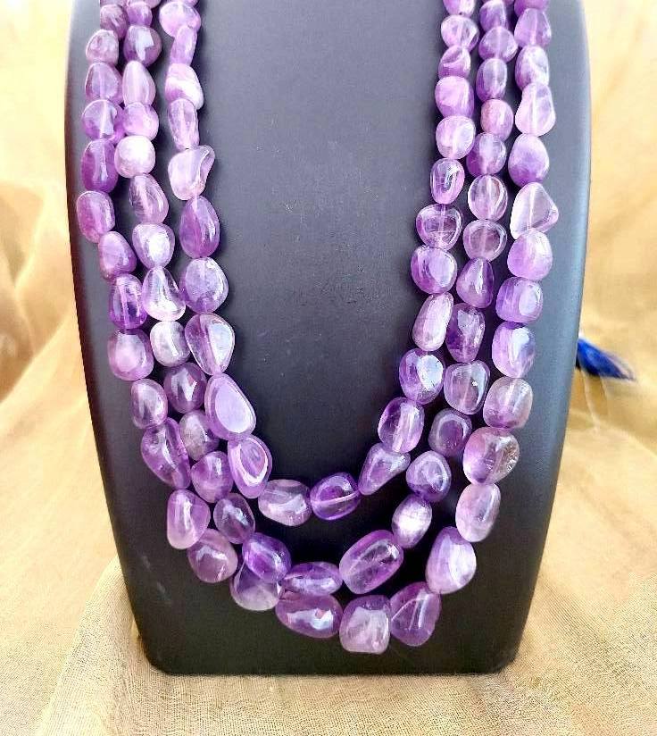 Semiprecious Beads Necklace Natural Amethist 3 Layered Necklace