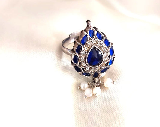 Sterling Silver Jewellery..Sterling Silver Finger Ring Silver  Blue Kundan Pearl Finger Ring...Kundan