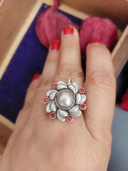 Sterling Silver Jewellery..Sterling Silver Finger Rings Silver Flower Ruby Studed Finger RingBanjaran...Banjaran