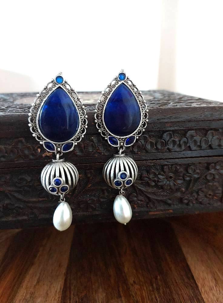 Fashion Jewellery Brass Errings Blue Glass Pearl Brass Dailywear Danglers