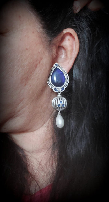 Fashion Jewellery Brass Errings Blue Glass Pearl Brass Dailywear Danglers