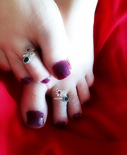 Sterling Silver Jewellery..Sterling Silver Toe Rings Silver Emerald and Ruby Studed Toe Ring Adjustable...Bichue