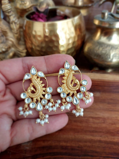 Sterling Silver Jewellery...Silver Gold Polished White Kundan Danglers Sterling Silver Danglers...Riwaz