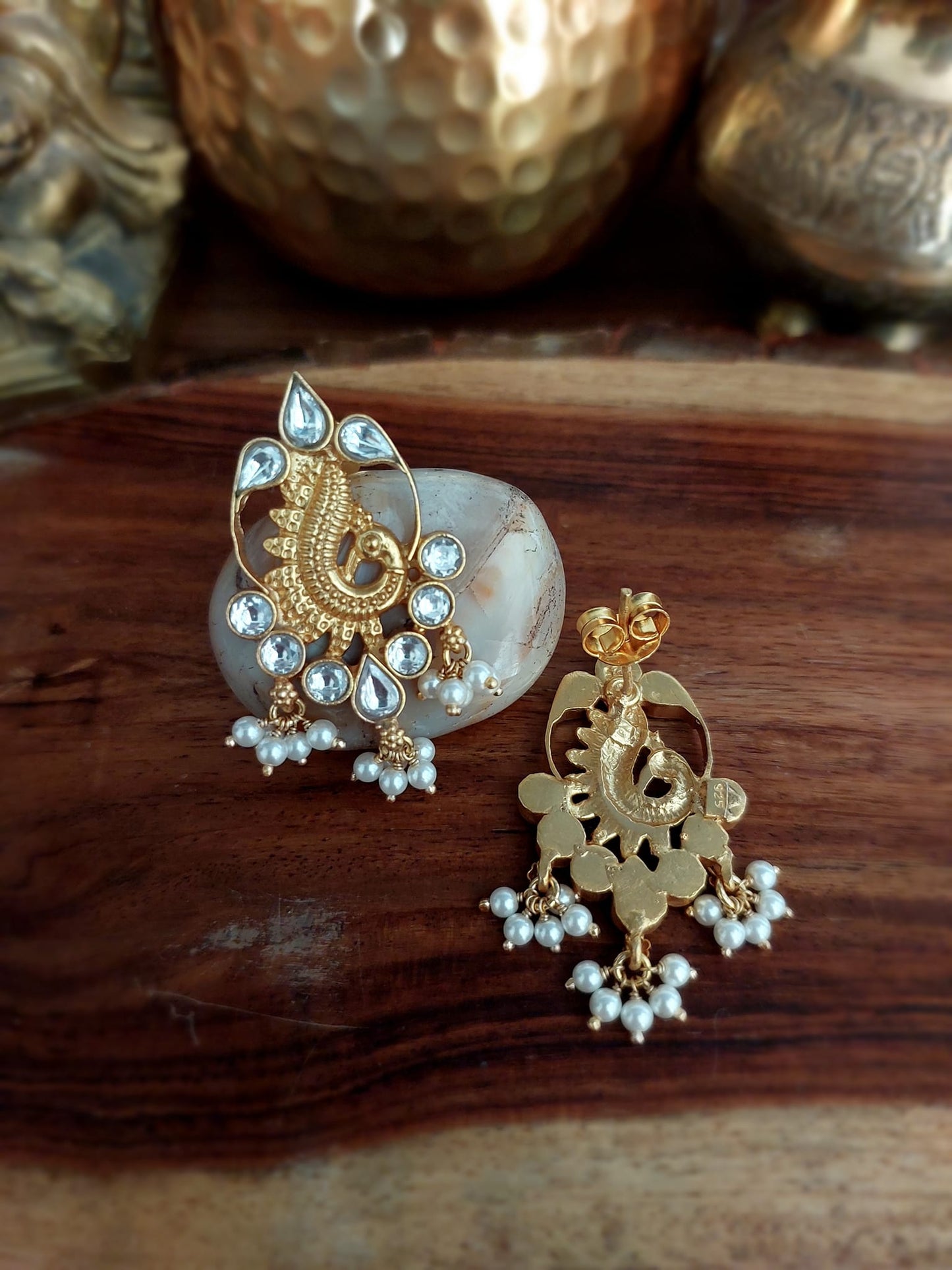 Sterling Silver Jewellery...Silver Gold Polished White Kundan Danglers Sterling Silver Danglers...Riwaz